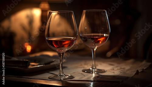 Luxury wineglass reflects candlelit elegance of celebration generated by AI