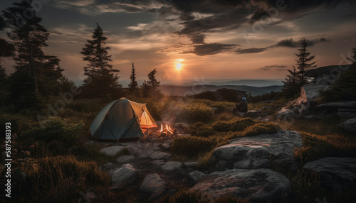 Camping under sunset sky nature tranquil beauty generated by AI