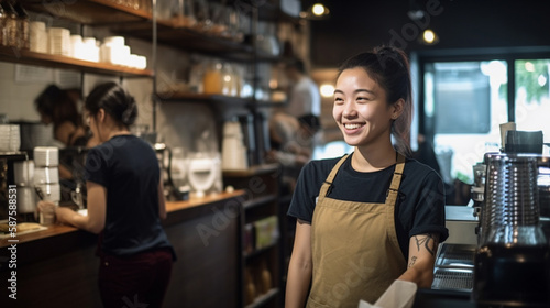 female barista with a 20 year old customer happy talk in the coffee shop with Generative AI © toonsteb