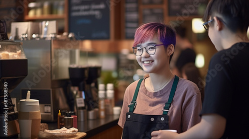 female barista with a 20 year old customer happy talk in the coffee shop with Generative AI
