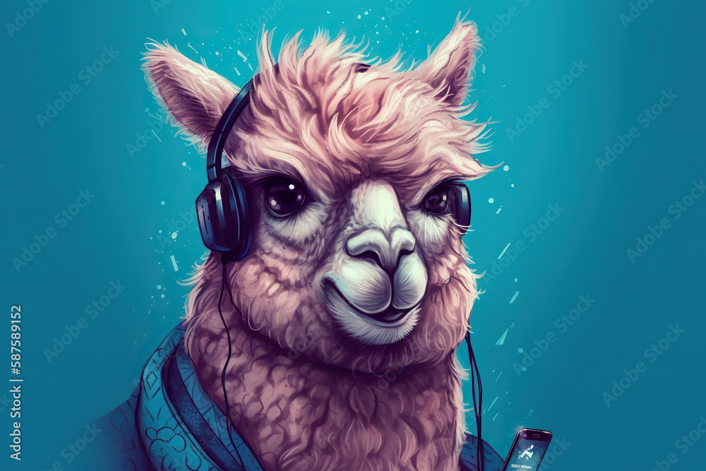 close up of a llama with headphones