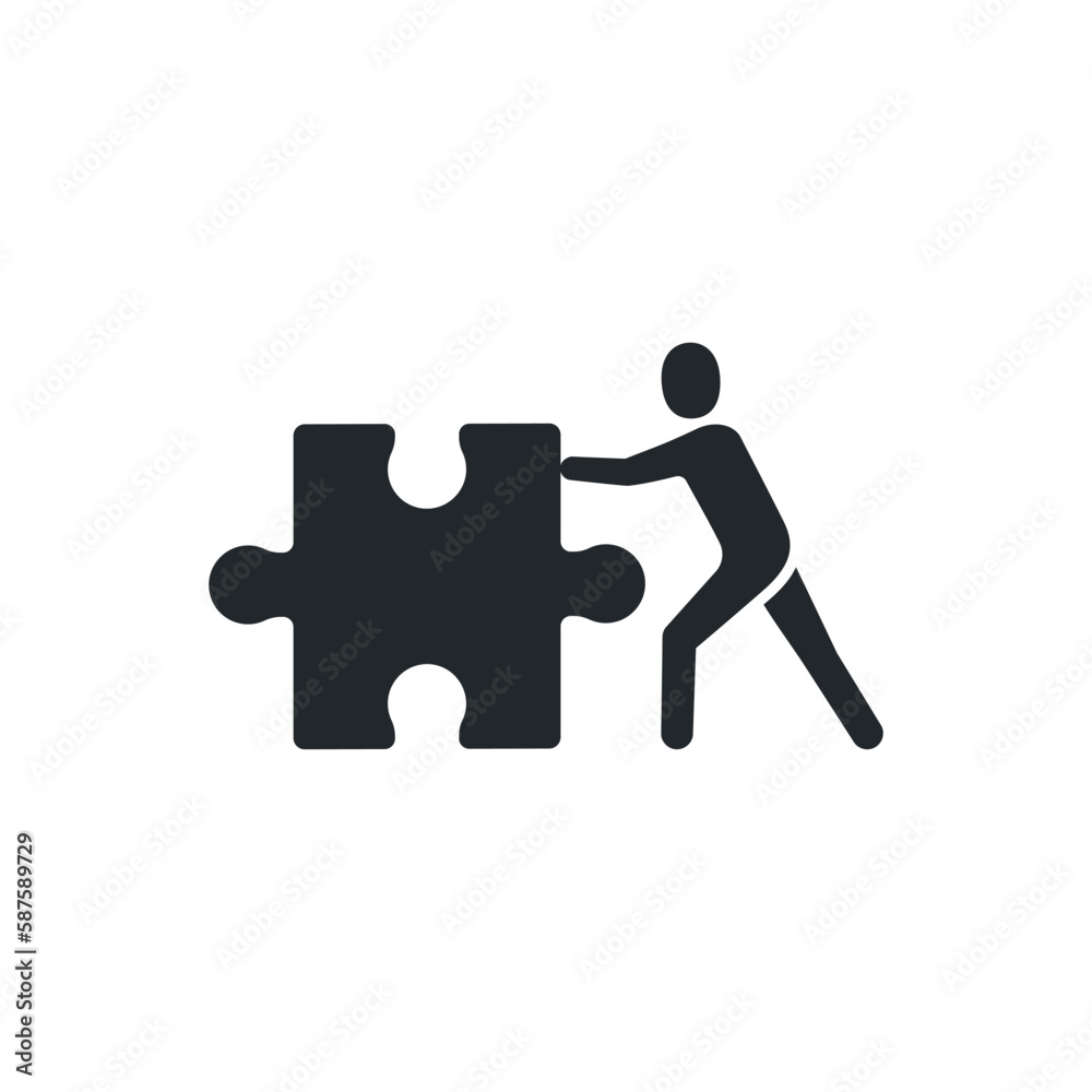 flat vector image isolated on white background, icon of person pushing piece of puzzle, personal work or task flat vector image isolated on white background, icon of person pushing piece of puzzle, personal work or task