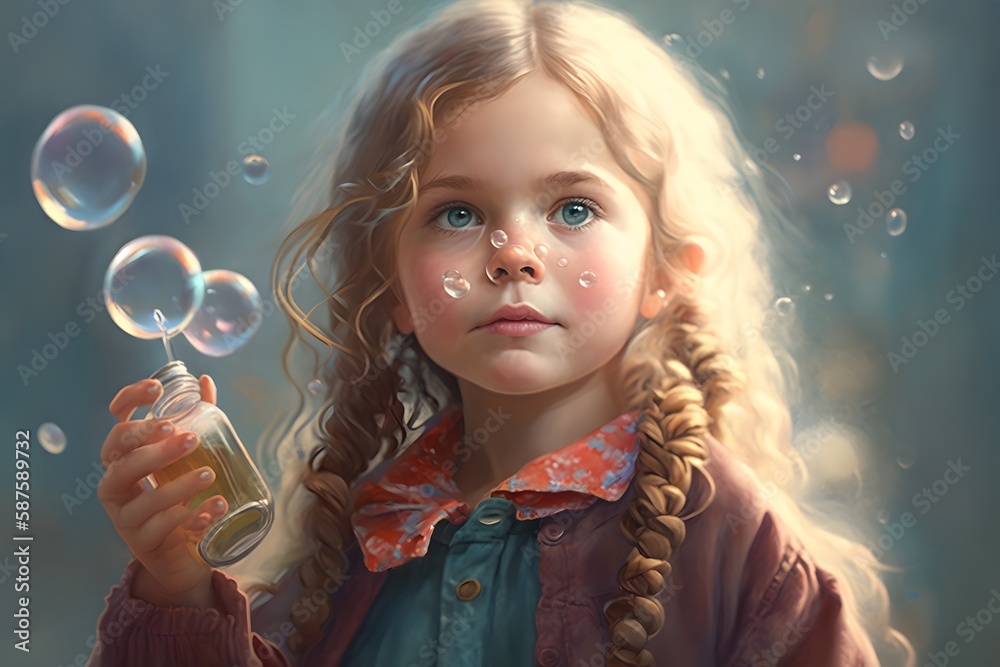 A fictional person, little girl blowing bubbles created using AI Generative Technology A fictional person, little girl blowing bubbles created using AI Generative Technology