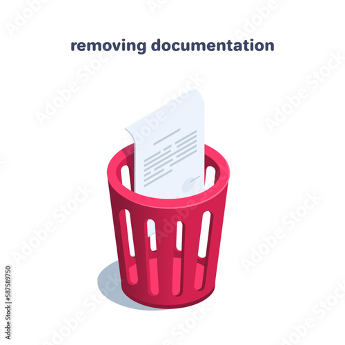 isometric vector illustration on a white background, a red trash can and a paper document thrown into it, removing unnecessary documentation