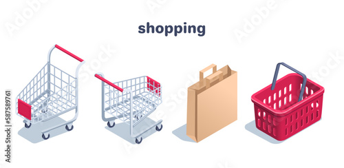 isometric vector illustration on a white background, a set of shopping carts and a basket and a paper bag, make purchases online or shopping