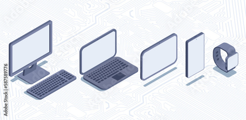isometric vector illustration on a white background, set of digital electronics from computer and a laptop, tablet and smartphone with a smart watch on the tracks of an electronic circuit board