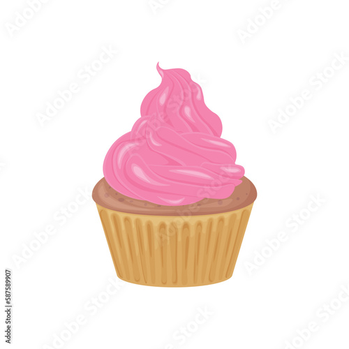 Cupcake. Chocolate cupcake with pink cream. Muffin with cream. Sweet dessert. Sponge cake. Vector illustration isolated on a white background