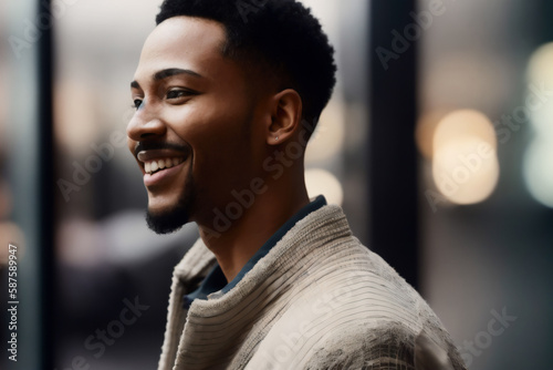 Portrait of happy smiling african american man enjoys shopping time at mall. Generative AI