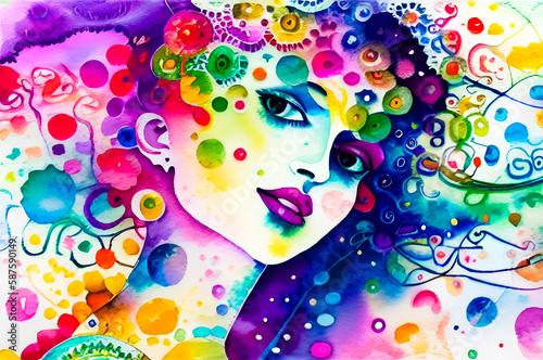 portrait of a beautiful girl with colorful hair and watercolor paints