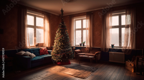 modern living room with Christmas tree