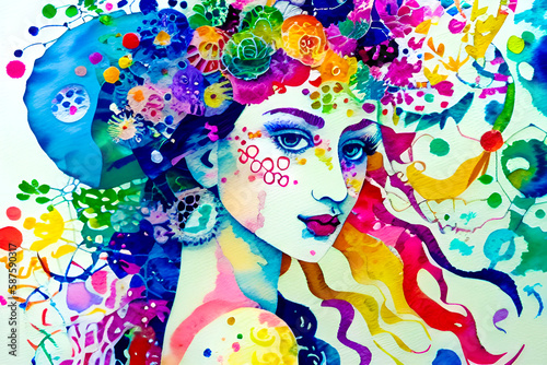portrait of a beautiful girl with colorful hair and watercolor paints ©  amazing   image