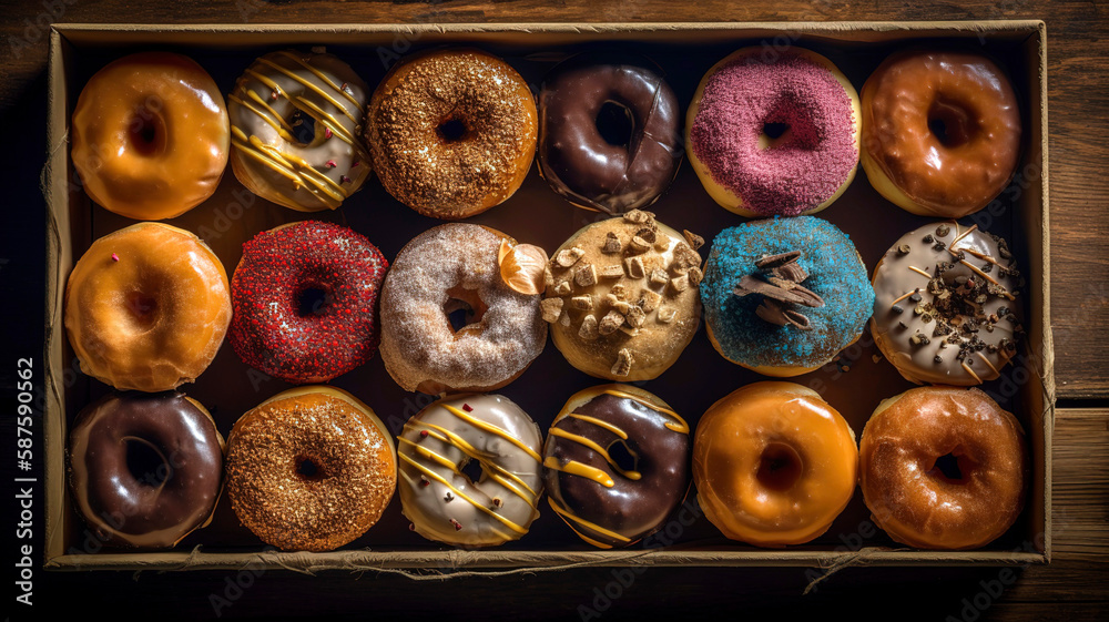 Fototapeta premium Assortment of donuts of different flavors in a box. Deliciously Diverse Donut Selection