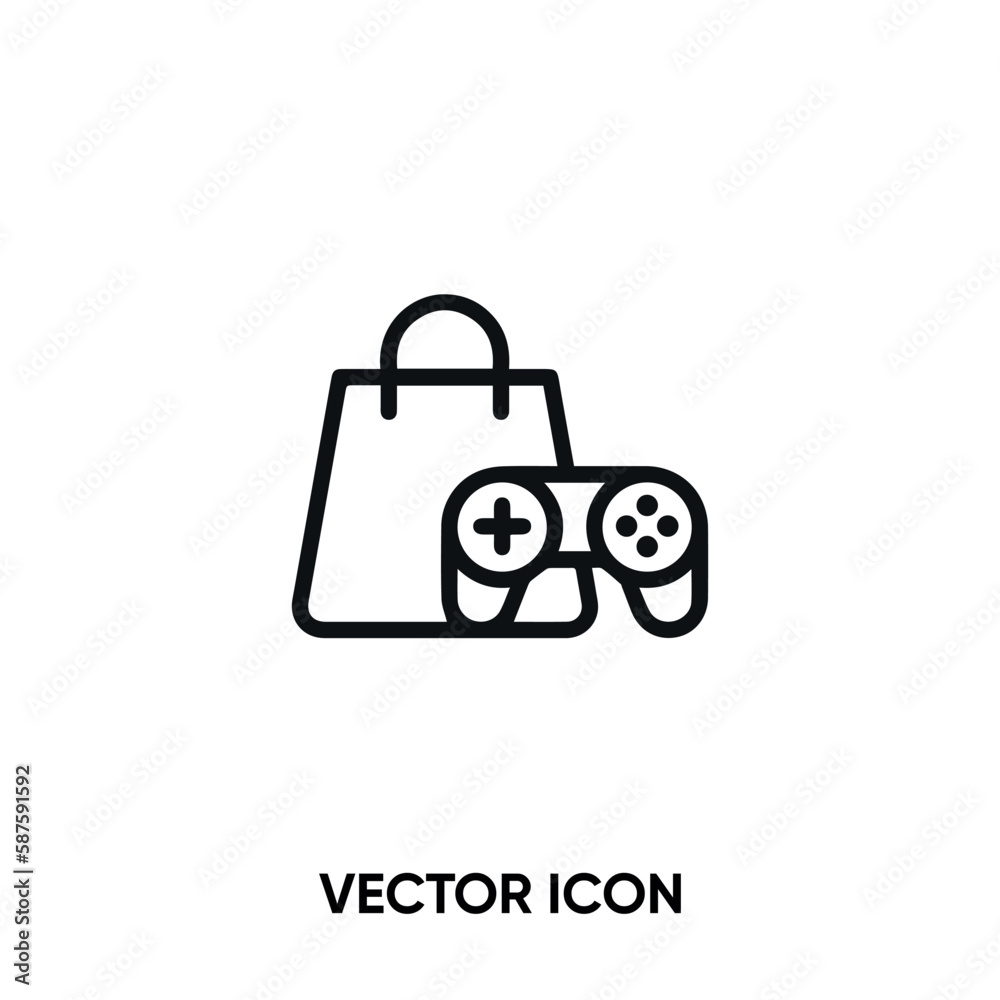 Game store vector icon . Modern, simple flat vector illustration for website or mobile app.Game shop,joystick or bag symbol, logo illustration. Pixel perfect vector graphics Game store vector icon . Modern, simple flat vector illustration for website or mobile app.Game shop,joystick or bag symbol, logo illustration. Pixel perfect vector graphics