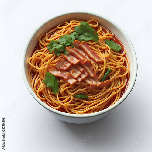 Bowl of noodles with roasted pork and parsley on white background. AI generated