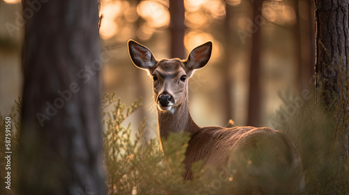 A doe looking back, suprised in a pine tree forest, created with Generative AI technology.