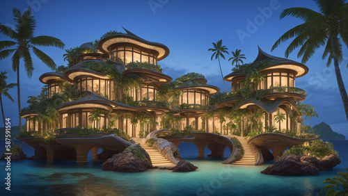 Illustration of an Art Nouveau style mansion on a tropical island - AI Generated © Starstruck