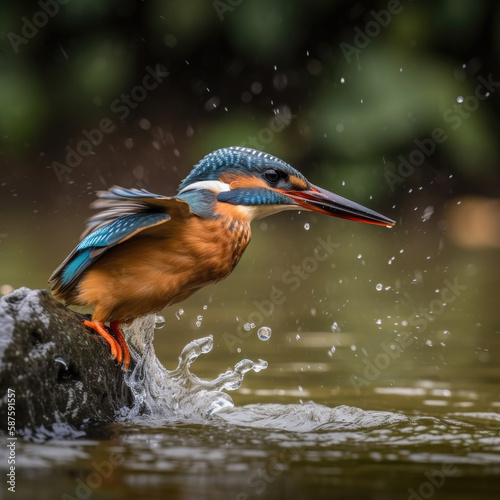 Kingfisher by the river about to fly off, created with generative AI technology