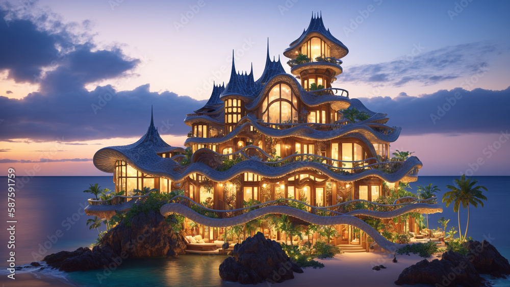 Illustration of an Art Nouveau style mansion on a tropical island - AI Generated