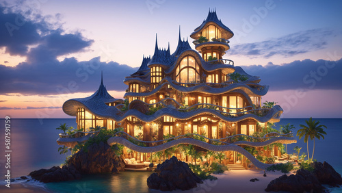 Illustration of an Art Nouveau style mansion on a tropical island - AI Generated