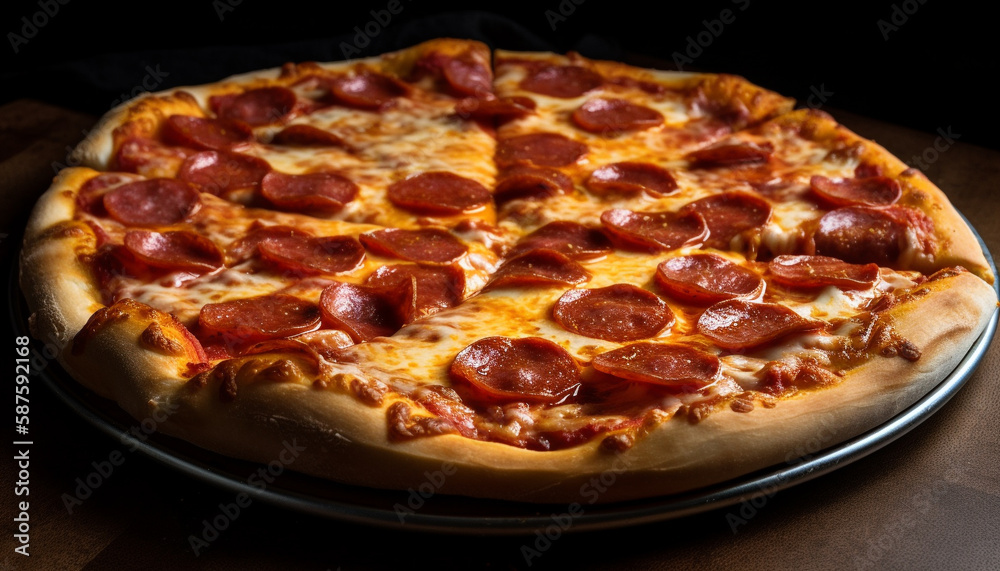 Freshly baked pizza on rustic wooden table generated by AI