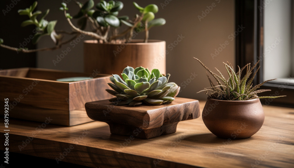 Fototapeta premium Green potted succulent on wood shelf indoors generated by AI