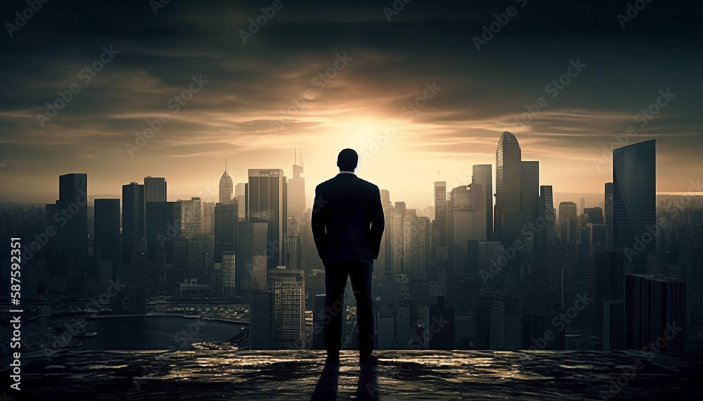 One businessman stands confidently amid urban landscapes generated by AI