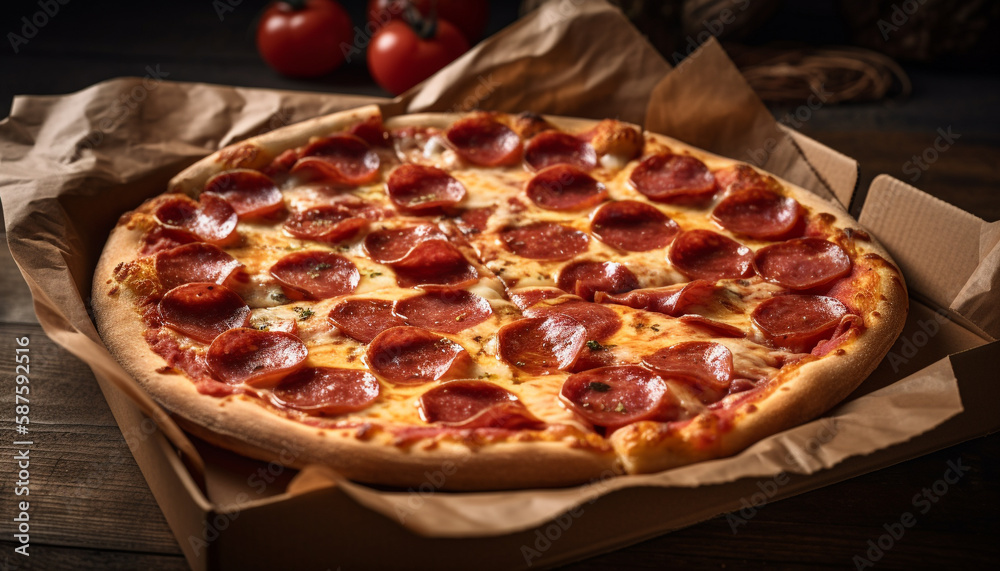 Delicious homemade pizza on rustic wooden table generated by AI Delicious homemade pizza on rustic wooden table generated by AI