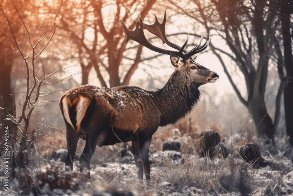 Obraz premium A majestic stag at the dawn, after a light snowy night, created with generative AI technology