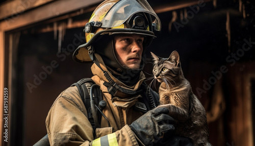 Firefighter and cat protect against dangerous flames outdoors generated by AI