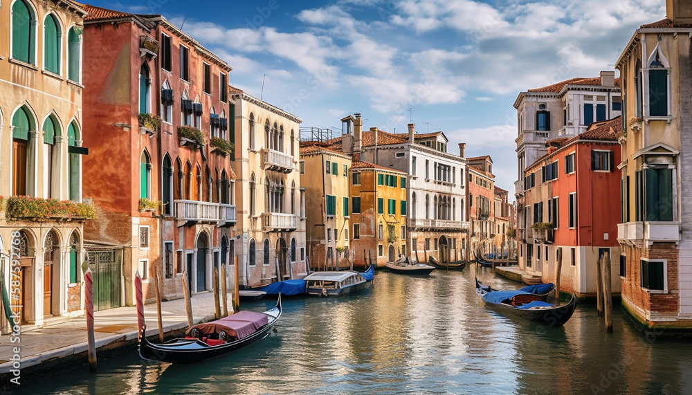 Venetian canal reflects vibrant architecture at dusk generated by AI