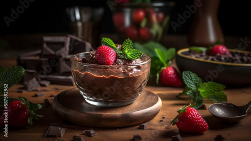 Creamy Sweet chocolate pudding with srawberry. Sun-Kissed Morning Delight: Chocolate Pudding and Berries