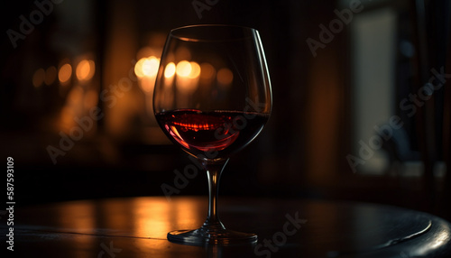 Luxury red wine bottle reflects elegant celebration backdrop generated by AI