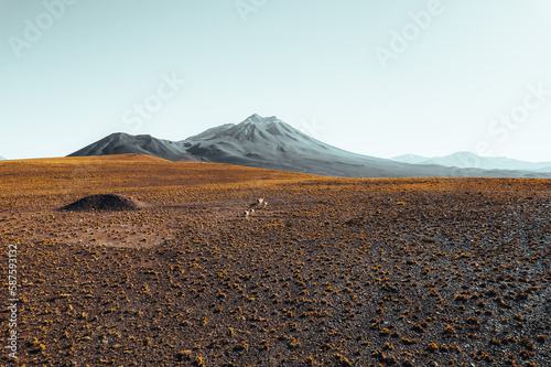 Car in front of Volcanic mountains in San Pedro de Atacama Chile