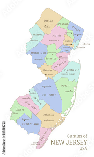 Counties of New Jersey administrative map of USA federal state. Highly detailed color map of New Jersey region with territory borders and counties names labeled realistic vector illustration