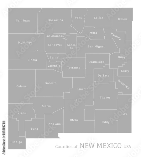 Highly detailed gray map of New Mexico US state. Editable administrative map of New Mexico with territory borders and counties names labeled realistic vector illustration