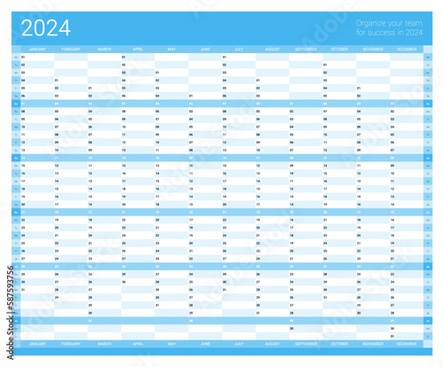 Blue wall yearly planner for 2024, organizer, schedule journal. Corporate business schedule journal template, 12 months set. Wall planner with space for personal notes vector illustration