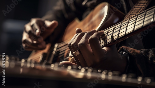 Focused guitarist plucks chords with skill indoors generated by AI