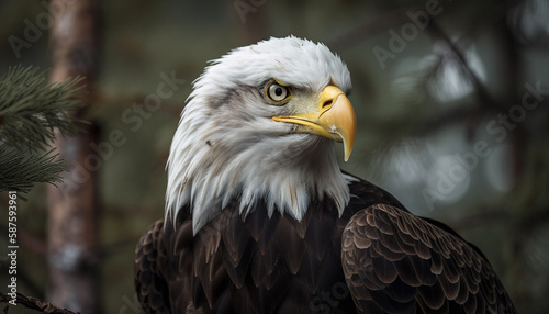 Majestic bald eagle perched on branch outdoors generated by AI