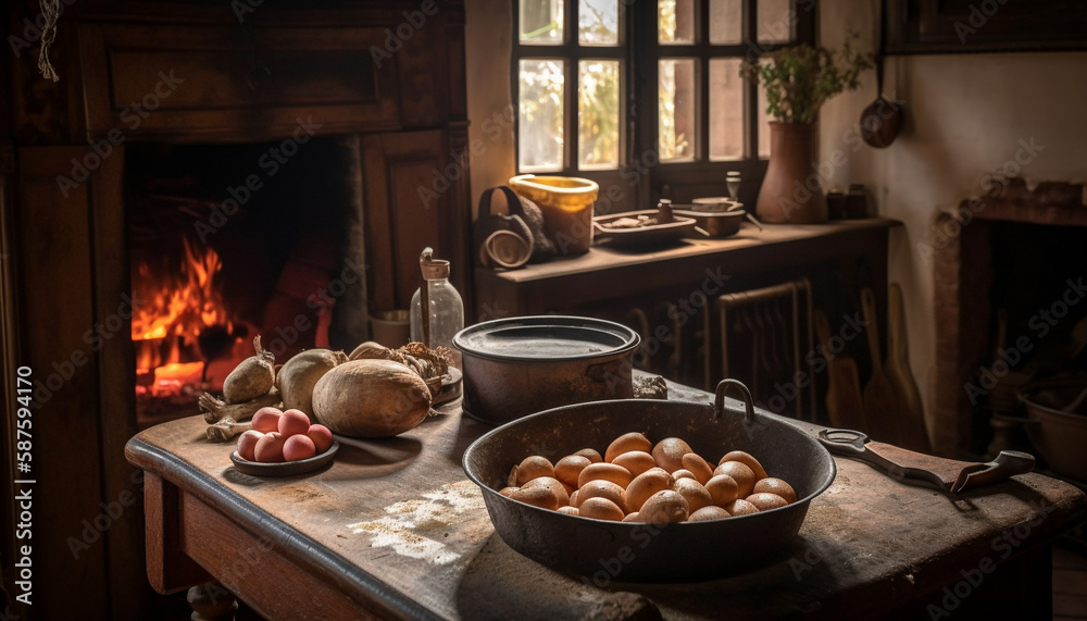 Freshly baked, organic tomato bread in cast iron generated by AI