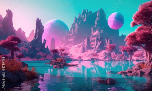 A magical landscape of a turquoise lake surrounded by mountains  trees and bubbles in a vast alien desert. Generative AI