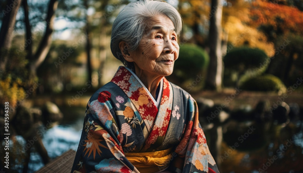 Senior woman smiles in traditional Japanese clothing generated by AI