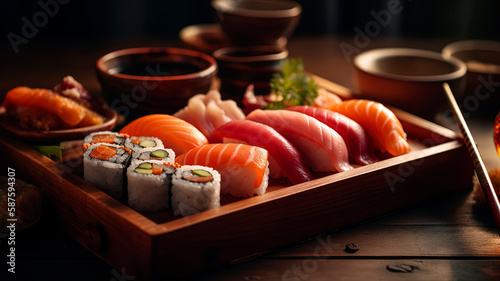 Japanese Sushi and Sashimi on Wooden Tray. Delectable Sushi and Sashimi Feast on Artisanal Wood Tray