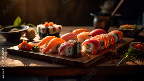 Japanese Sushi and Sashimi on Wooden Tray. Elegant Presentation of Traditional Japanese Sushi and Sashimi