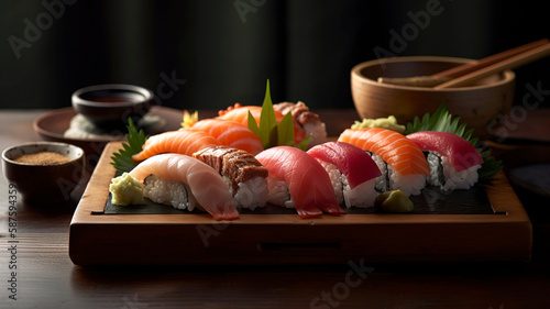 Japanese Sushi and Sashimi on Wooden Tray. Exquisite Sushi and Sashimi Selection Served Traditionally