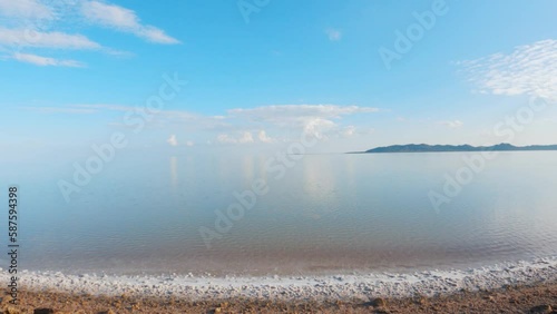 4K shot of salt lake with reflection of sky in water at Dholavrira, Kutch, India. Tranquil Nature landscape. Salt lake blue sky with clouds in Kutch.  photo