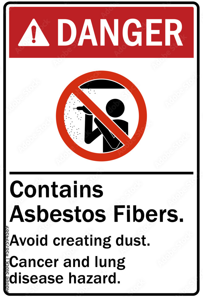 Asbestos chemical hazard sign and labels contains asbestos fibers. Avoid creating dust. Cancer and lung disease hazard Asbestos chemical hazard sign and labels contains asbestos fibers. Avoid creating dust. Cancer and lung disease hazard