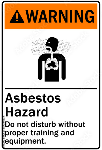 Asbestos chemical hazard sign and labels do not disturb without proper training and equipment