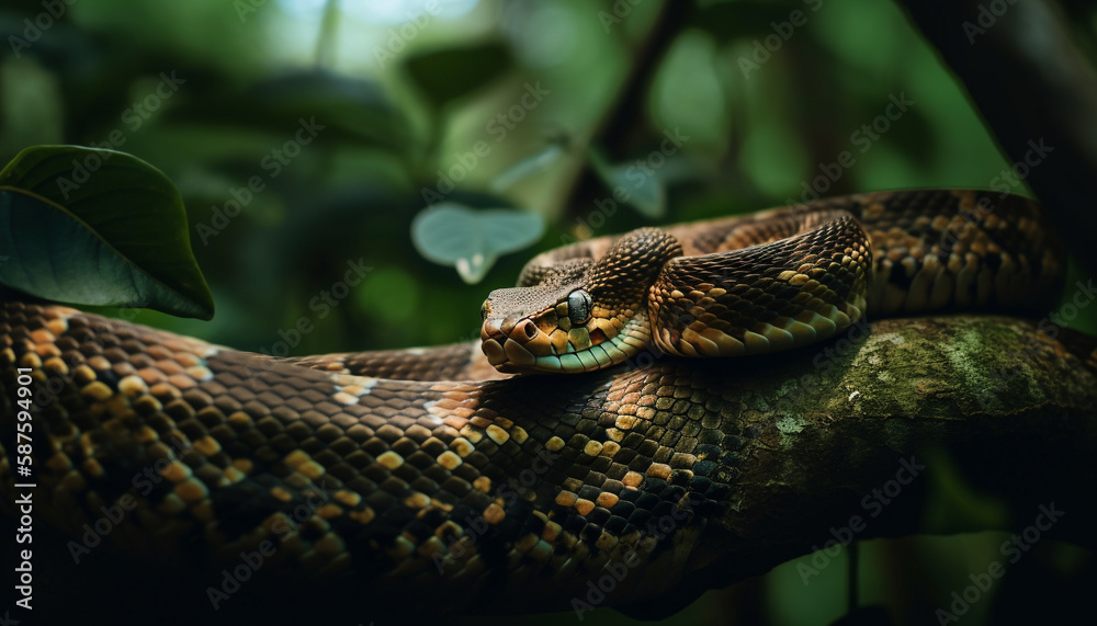 Naklejka premium Yellow viper spirals up branch, danger close generated by AI