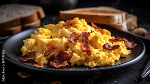 Scrambled eggs with fried bacon and sausage and toast. Tasty Home-Cooked Breakfast Scrambled Eggs and Savory Bacon