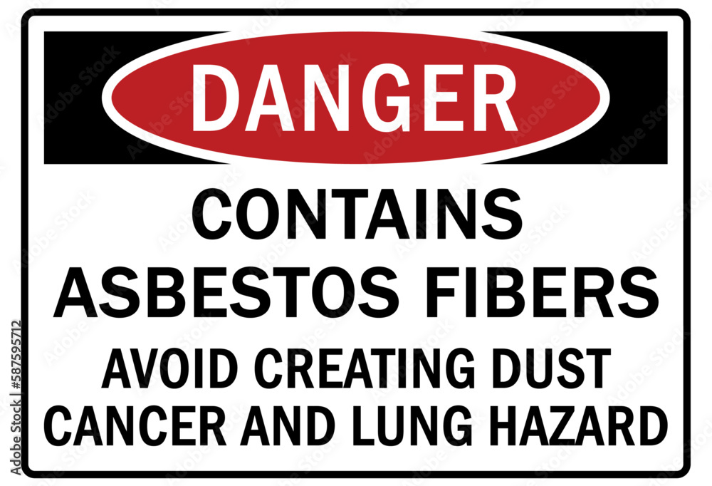 Asbestos chemical hazard sign and labels contains asbestos fibers. Avoid creating dust. Cancer and lung disease hazard Asbestos chemical hazard sign and labels contains asbestos fibers. Avoid creating dust. Cancer and lung disease hazard